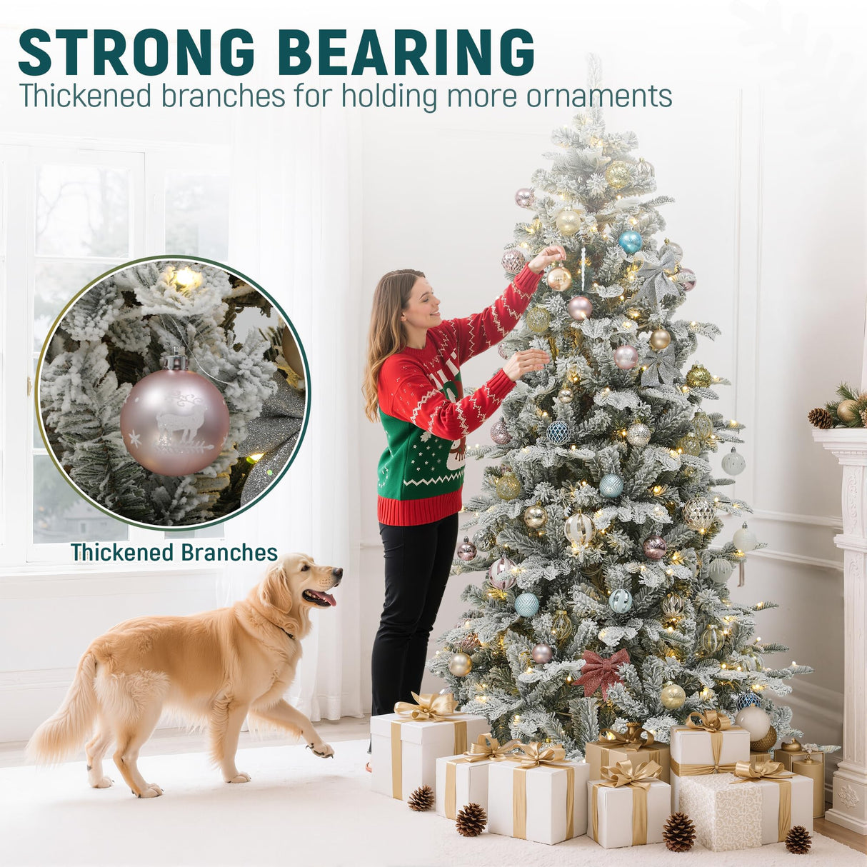 YITAHOME Pre-Lit Flocked Artificial Christmas Tree with Remote, 6.5 FT Snow Flocked Natural Layered Christmas Tree with 760 PE & PVC Mixed Tips and 350 Lights for Home, Office, Party Decoration YITAHOME