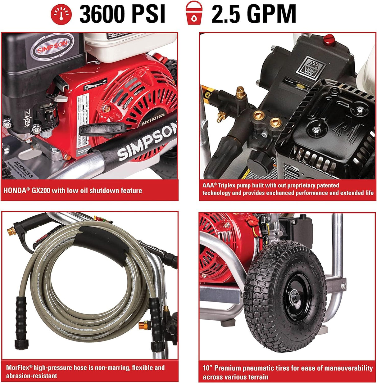 SIMPSON Cleaning ALH3425 Aluminum Series 3600 PSI Gas Pressure Washer, 2.5 GPM, Honda GX200 Engine, Includes Spray Gun and Extension Wand, 5 QC Nozzle Tips, 5/16-inch x 35-foot MorFlex Hose, 49-State SIMPSON