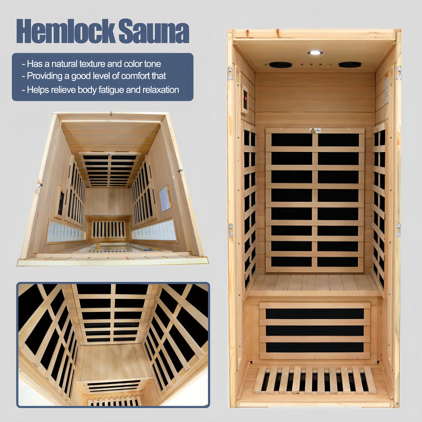 Far Infrared Sauna 1 Person Infrared Sauna Room Canadian Hemlock Wooden Sauna for Home, 1300W Low-EMF Indoor Saunas with Control Panel, Bluetooth Speakers, LED Reading Lamp, Tempered Glass Door