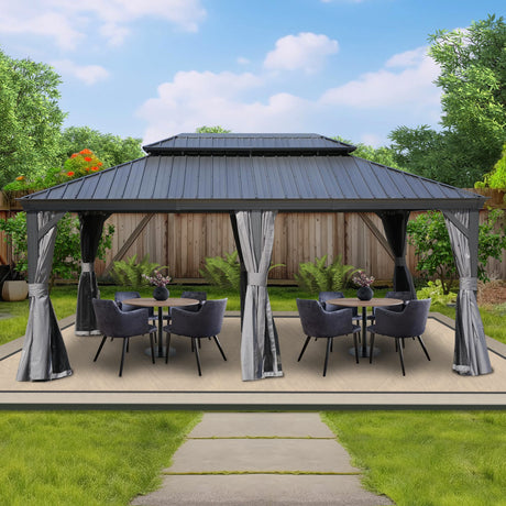 Kozyard Alexander 12' X 18' Hardtop Gazebo, Aluminum Metal Gazebo with Galvanized Steel Double Roof Canopy, Curtain and Netting, Permanent Gazebo Pavilion for Patio, Backyard, Deck, Lawn (Gray) Kozyard