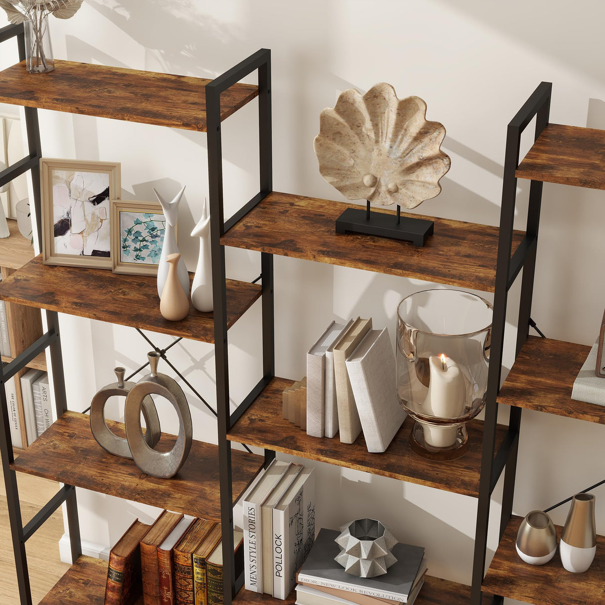 Panana Triple 4/5/6 Tier Bookshelf, Industrial Bookcase with 11/14/17 Open Display Shelves Wide Book Shelf Book Case with Metal Frame for Living Room Home Office (Brown, 4 Tier) Panana