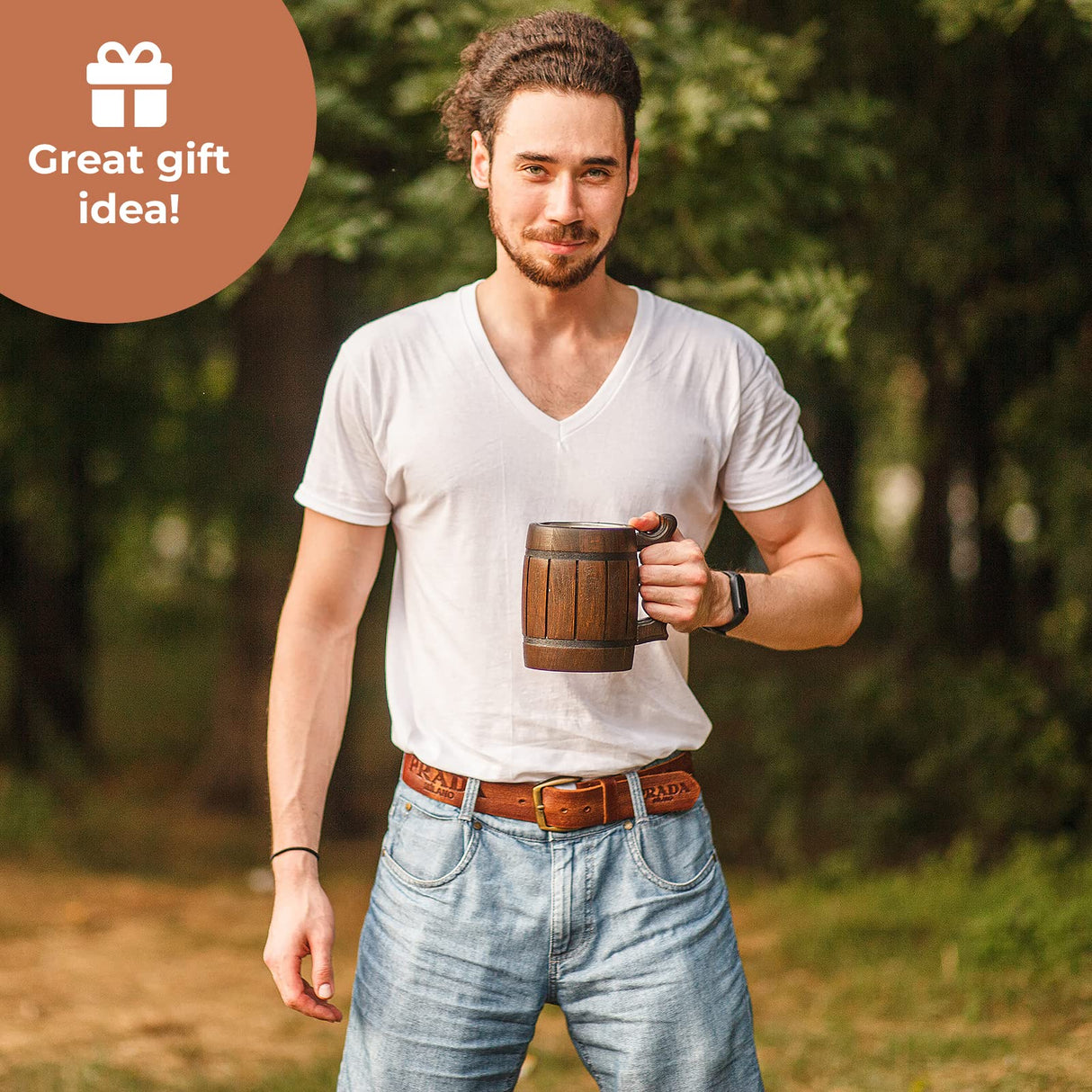 Handmade Wooden Rustic Beer Mug Real Oak Eco-friendly Wood Stainless Steel Cup 20 oz(600ml) Brown3 - Etno Motif Wood Viking Beer Mug Stein - Beer Tankard Irish Retro Halloween - Cowboys Beer Mug HOZPROM