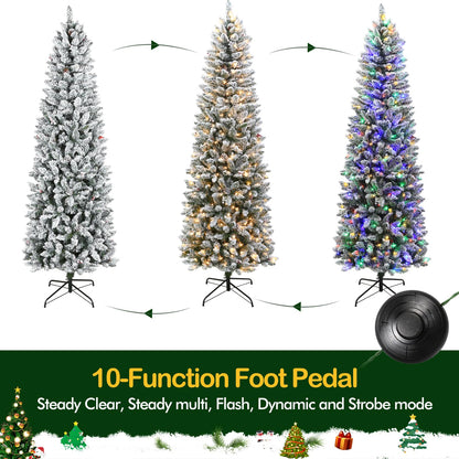 Hykolity 6.5 ft Prelit Snow Flocked Pencil Slim Christmas Tree, 544 PVC Branch Tips, 200 Color Changing LED Lights, Metal Stand and Hinged Branches, 10 Color Modes