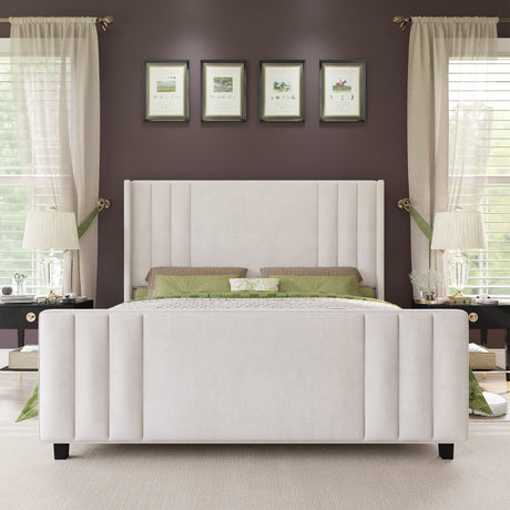 AMERLIFE Queen Size Bed Frame, Velvet Upholstered Platform Bed with Vertical Channel Tufted Headboard & Footboard/Wingback, Mattress Foundation with Wood Slats, No Box Spring Needed, Cream AMERLIFE