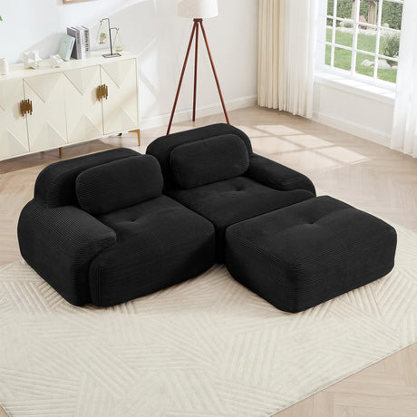 82" Modern Corduroy Boneless Love Seat Couches with 1 Ottoman, 2 Seater Large Sectional Couches for Living Room, Black Cloud Modular Sectional Sofa, Memory Foam, Extra Deep Loveseat, No Assembly ZenNook
