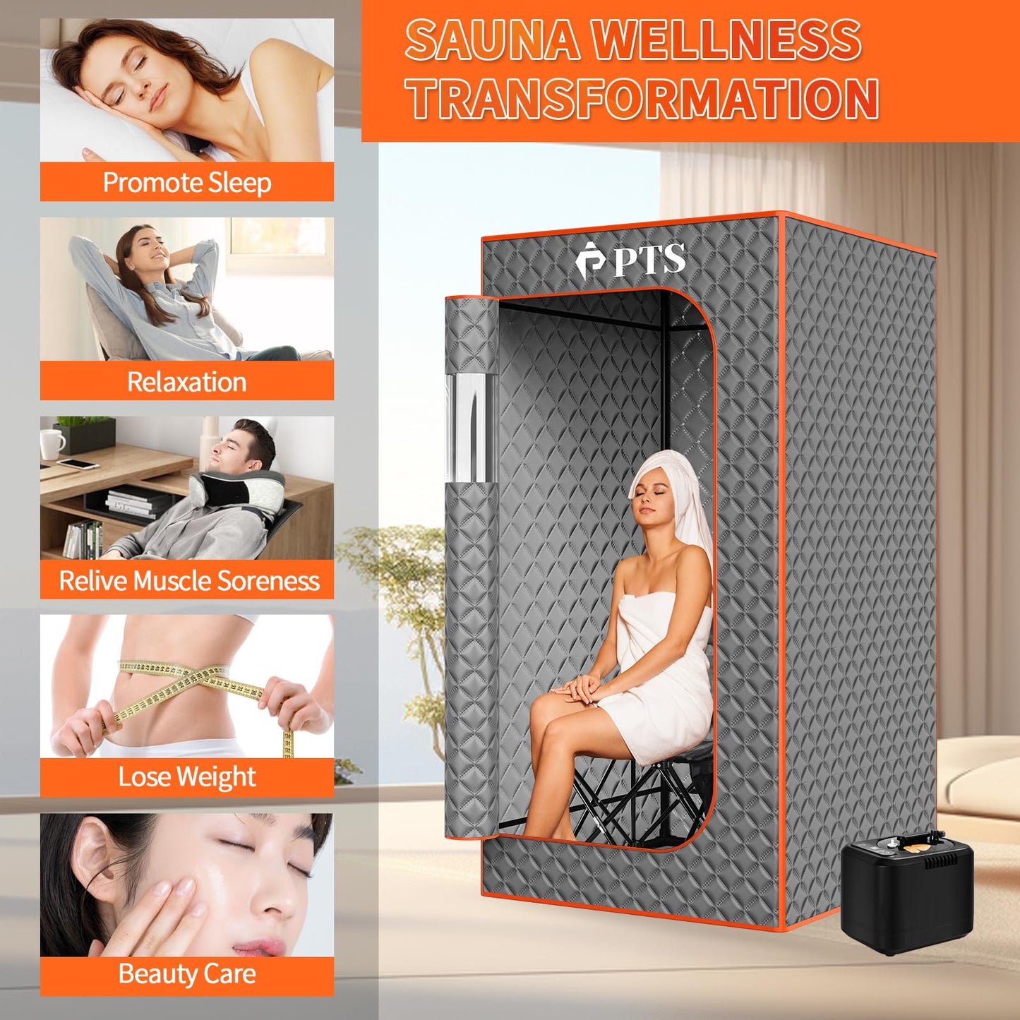 PTS Portable Steam Sauna Box - Thicken Cotton Personal Home Spa Sauna Tent with 3L 110V Steam Generator, 71'' x 36'' x 36'' Full Size Home Sauna Kits for Indoor Use, Gym, Pilates, Hot Tub