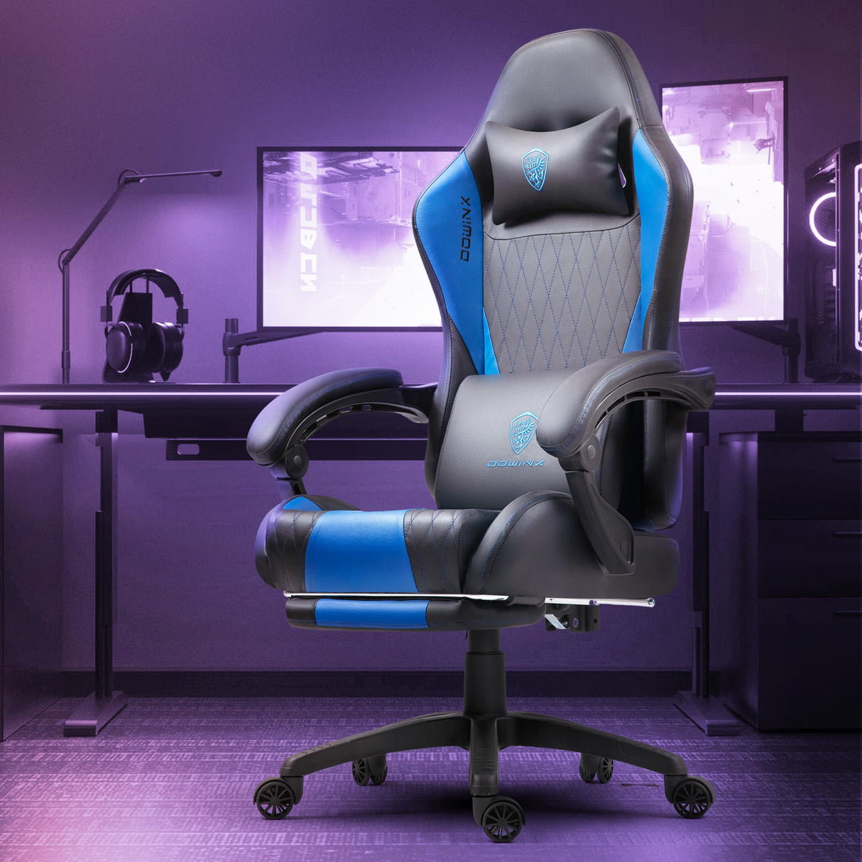 Dowinx Gaming Chair with Pocket Spring Cushion, Massage Game Chair Leather with Headrest, Ergonomic Computer Chair with Footrest 290LBS, Blue Dowinx