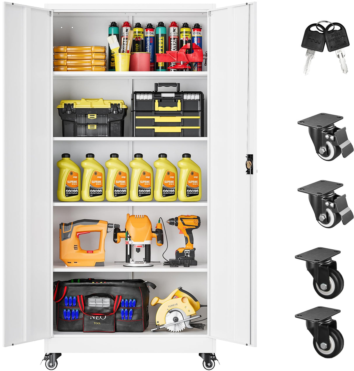 SISESOL Metal Storage Cabinet with Wheels,75 inch Rolling Garage Storage Cabinet with Lock,White Metal Cabinets with Wheels and Shelves,Tool Cabinets on Roller for Garage,Home,Office,Shop SISESOL
