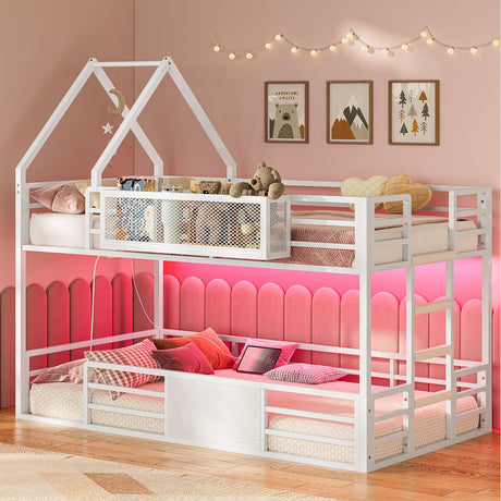 ADORNEVE Bunk Bed Twin Over Twin with Storage Shelf & RGB Lights, House Bunk Bed Frame with Charging Station, Metal Slats Support No Box Spring Needed Space Saving for Bedroom, White ADORNEVE