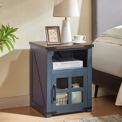 Barnyatoh Farmhouse Nightstand with Charging Station, Rustic End Table with Tempered Glass Barn Door, Wood Sofa Side Bedside Table with Open Storage Shelf for Living Room, Bedroom, Blue