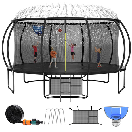 Zevemomo 16FT Trampoline for Kids and Adults, Outdoor Trampoline w/Basketball Hoop, Sprinkler, Ground Stakes/Anchors, Storage Bag, Galvanized Anti-Rust Coating, Gift for Kids and Adults Zevemomo