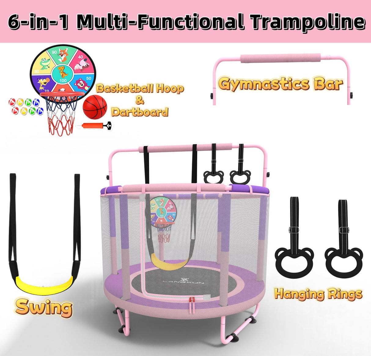 LANGXUN 60" Trampoline for Kids, 5ft Toddler Mini 6-in-1 Trampoline Indoor Outdoor with Swing, Basketball Hoop, Dart Board, Gymnastics Bar, Rings, Christmas Toys Birthday Gifts for Girls Boys Age 1-8 LANGXUN