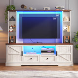 Entertainment Center with 2 LED Lights & Power Outlets, Large Farmhouse Wall Unit Entertainment Center for 60 Inch Television Stand, TV Stands for Living Room with Storage Shelf, White EnHomee