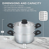 Nevlers 3 Piece Premium Heavy Duty Stainless Steel Steamer Pot Set Includes 3 Quart Cooking Pot, 2 Quart Steamer Insert and Vented Glass Lid | Stack and Steam Pot Set for All Cooking Surfaces Nevlers