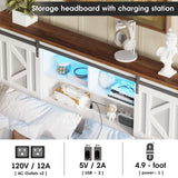Fameill Farmhouse Full Size Bed Frame with Storage Headboard, Sliding Barn Door Design, 2-Tier Shelves Bookcase Storage, Charging Ports & USB Outlets, LED Light, No Box Spring Needed, Easy Assembly Fameill