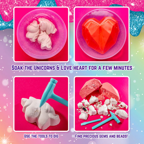 GirlZone Unicorn Gemstones Discovery Dig Kit, 13 Gemstone Dig with Slime and Precious Gems, Gift-Ready DIY Bracelet Kit, STEM Craft for Kids Age 12-14, Perfect for Valentine Gifts GirlZone