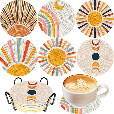 5D DIY Boho Minimalist Sun Moon Diamond Paintings Coasters with Holder for Adults Beginners, 6 pcs Round Full Drill Diamond Art Craft Supplies (Sun Moon QLBD-16) Generic