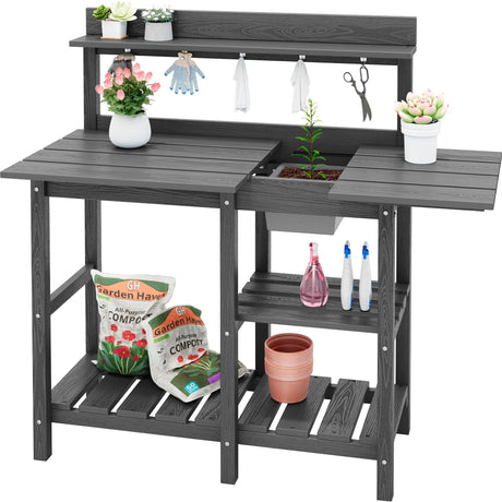 SERWALL Potting Bench Outdoor Potting Table with Sink, HDPE Potting Benches for Outside Gardening Table All Weather Use- Gray SERWALL