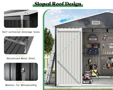 AMERLIFE 10x12x7 FT Galvanized Steel Storage Shed with 2 4-Pane Windows Hinged Double Doors, Outdoor Shed for Backyard, Garden, Patio, Dark Grey/White AMERLIFE