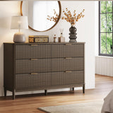 LINSY Fluted Dresser for Bedroom with 6 Drawers, Mid Century Modern Chest of Drawers with Gold Metal Handles, Wide Boho Wood Dressers, Large Farmhouse Storage Cabinet for Bedroom, Living Room, Walnut LINSY