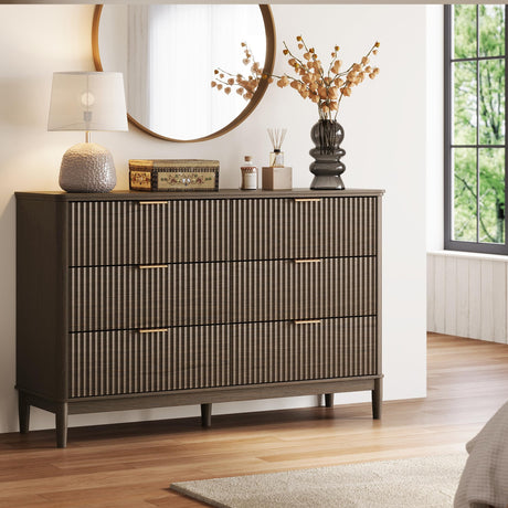 LINSY Fluted Dresser for Bedroom with 6 Drawers, Mid Century Modern Chest of Drawers with Gold Metal Handles, Wide Boho Wood Dressers, Large Farmhouse Storage Cabinet for Bedroom, Living Room, Walnut LINSY
