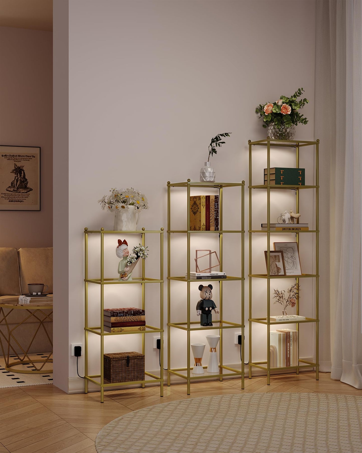 Hzuaneri Gold Tempered Glass Bookcase with LED Lighting – 5 Tier Slim Shelving Unit - WoodArtSupply