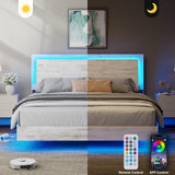 LUXOAK Queen Size Floating Platform Bed Frame with LED Light and Headboard, Farmhouse Bed Frame/No Box Spring Needed/Noise Free/Easy Assembly, Distressed White LUXOAK