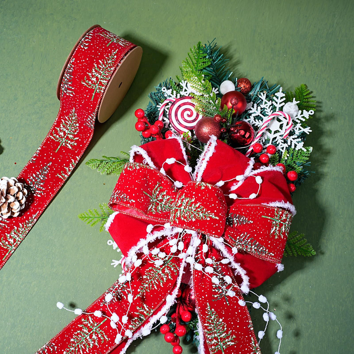 LaRibbons Red Christmas Ribbon Wired, 2.5 Inch x 10 Yard Snowy Red Christmas Tree Ribbon for Gift Wrapping, Christmas Tree Decoration, Crafts Wreath LaRibbons