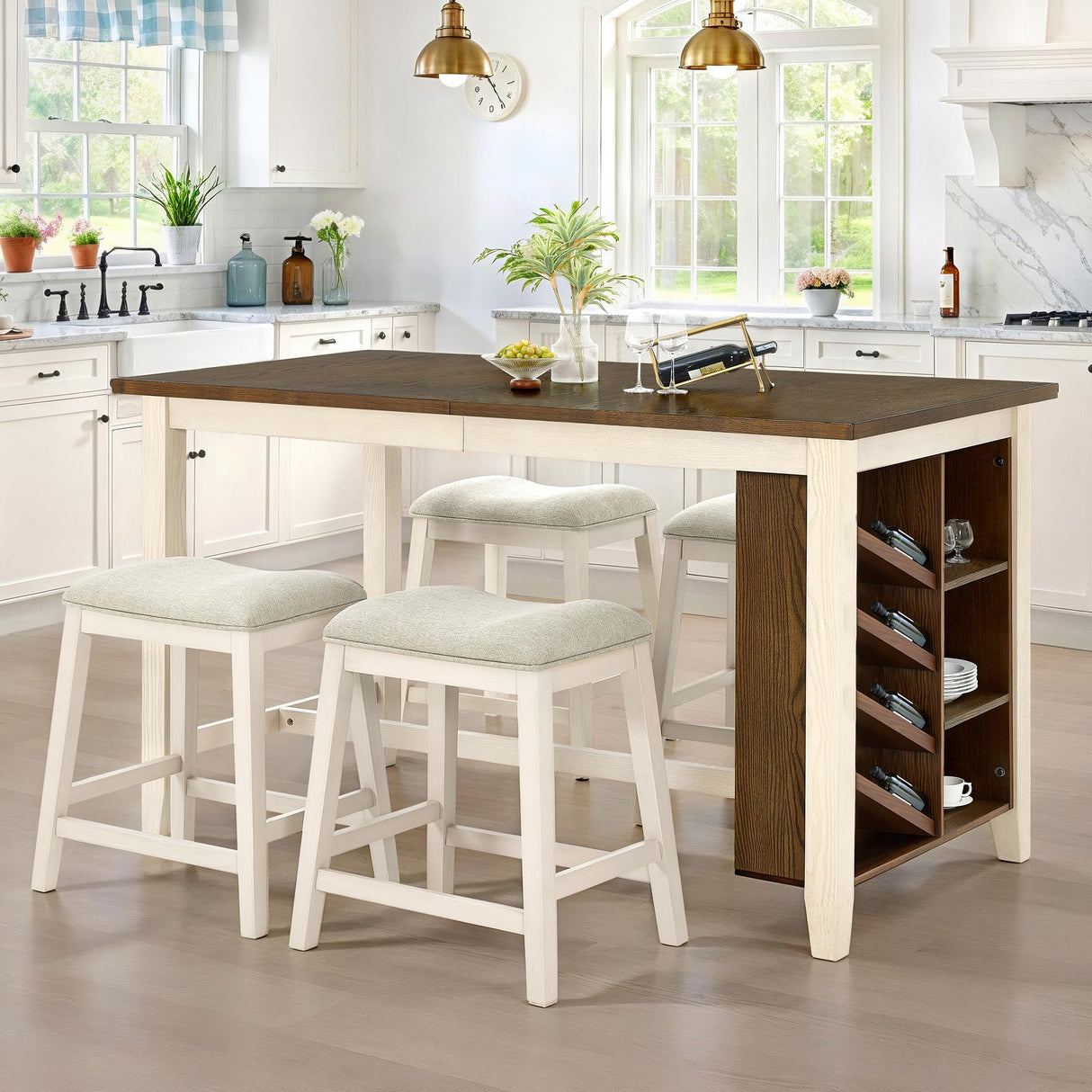 AMERLIFE 5-Piece Solid Wood Counter Height Kitchen Island Table Set with Storage, Farmhouse Dining Table & Upholstered Stools, Rustic Brown & White AMERLIFE