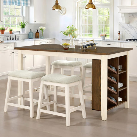 AMERLIFE 5-Piece Solid Wood Counter Height Kitchen Island Table Set with Storage, Farmhouse Dining Table & Upholstered Stools, Rustic Brown & White AMERLIFE