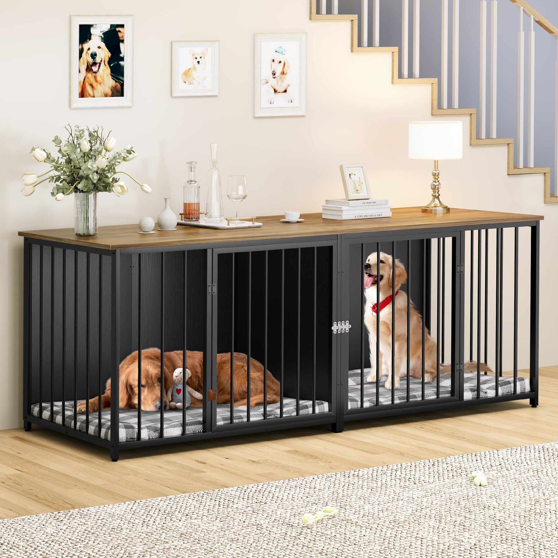 YITAHOME Double Dog Crate Furniture, 80.2 inch Large Breed Dog Kennel with Divider, Heavy Duty Dog House TV Stand Indoor for 2 Medium Dogs, Black - WoodArtSupply