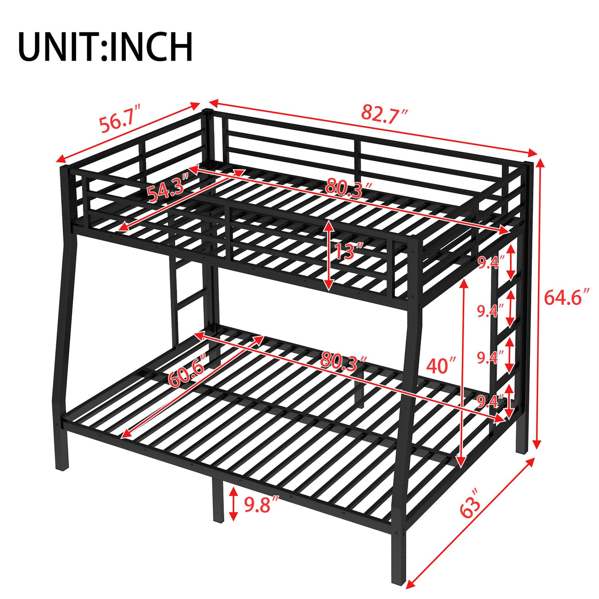 Bellemave Full XL Over Queen Bunk Bed for Adults, Full XL Over Queen Bunk Bed Frame with 2 Ladder and Full Length Guardrail, Easy Assemble, Mattress Not Included, Black Bellemave