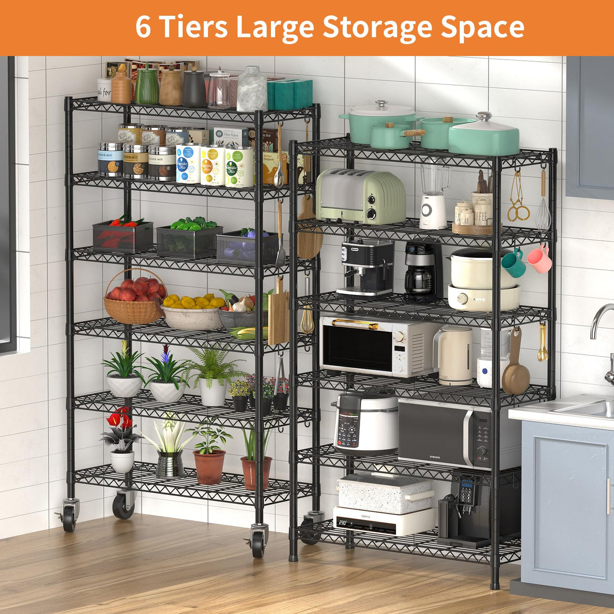 Hodonas 2300LBS Wire Shelving Unit, 36"W x 14"D x 75"H Metal Standing Shelf Units with Wheels / Leveling Feet, 6 Tier, Adjustable, Heavy Duty, and NSF Storage Shelves, Rolling Metal Shelving Wire Rack Hodonas