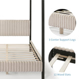 Evadne Modern Canopy Bed Frame Queen Size in Light Brown with Upholstered Channel Headboard and Wooden Slats Support HOMES: Inside + Out