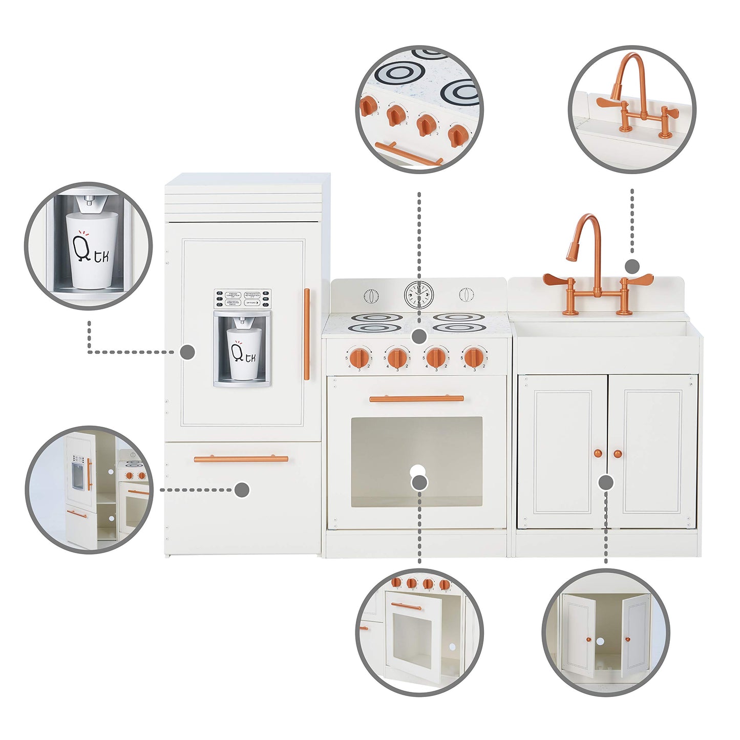 Teamson Kids Little Chef Paris Modular Contemporary Interactive Wooden Play Kitchen with Refrigerator, Oven, Sink, and Storage Space for Easy Clean Up, White with Rose Gold Finishes - WoodArtSupply