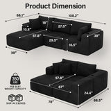 DURASPACE Modular Sectional Sofa, Cloud Boneless Couch with Deep Seat, Cup Holder, Memory Foam, Corduroy L Shaped Couch Convertible Sofa Bed for Living Room Bedroom, No Assembly Required DURASPACE