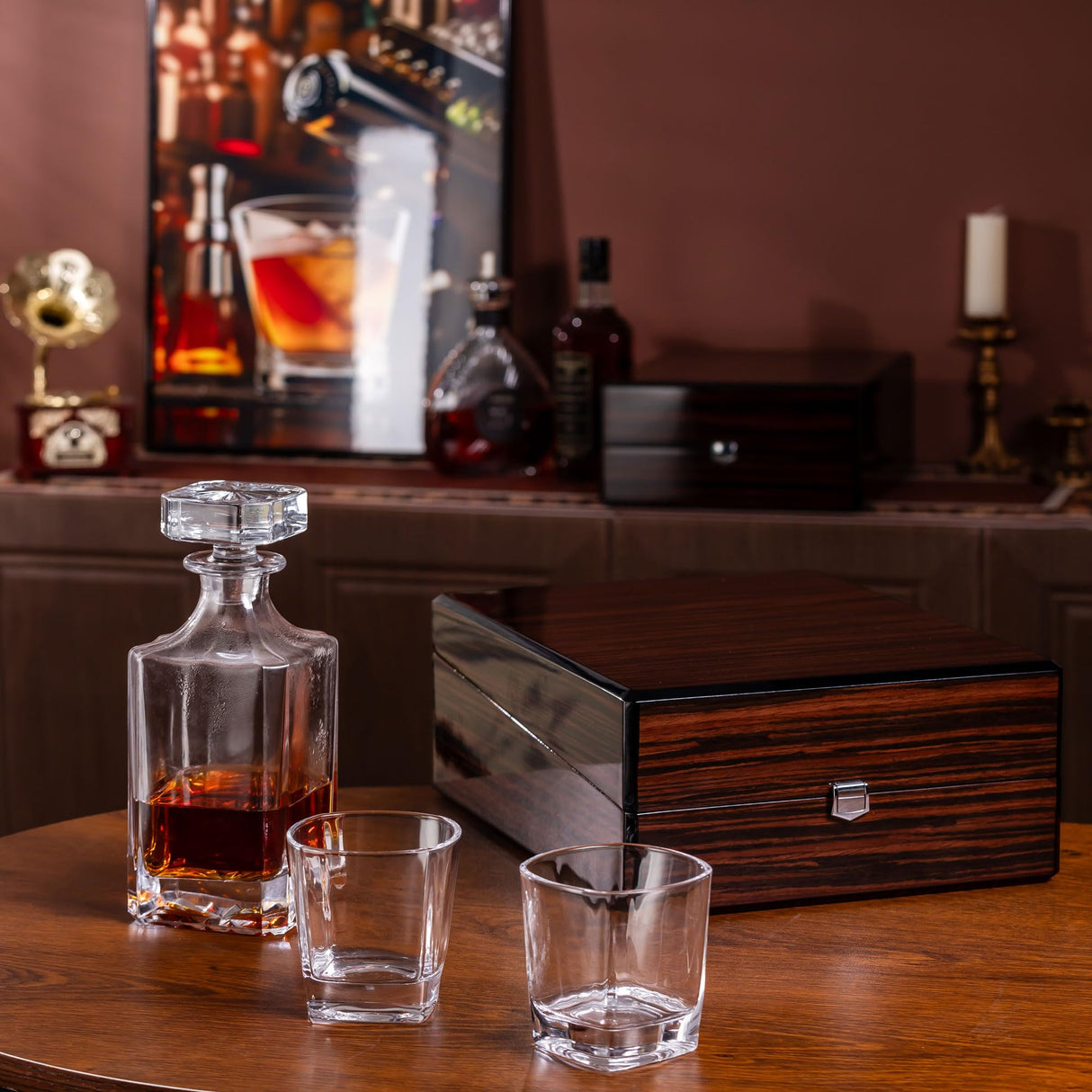 Premium Wooden Box w/Whiskey Decanter - 2 Glasses, Elegant Whiskey Decanter, Bourbon Gifts for Men, Dad, Father’s Day, Birthday gift Ideas for him WoodArtSupply