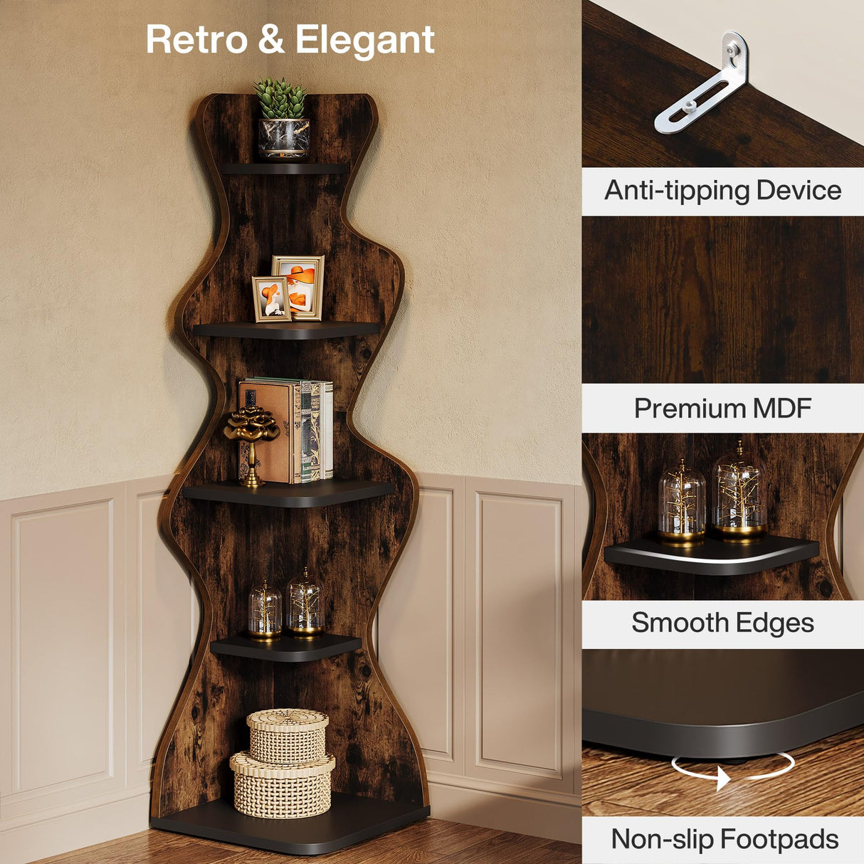 Tribesigns Rustic 5-Tier Corner Shelf – 69" Tall Wood Bookshelf & Display Stand for Small Spaces Tribesigns