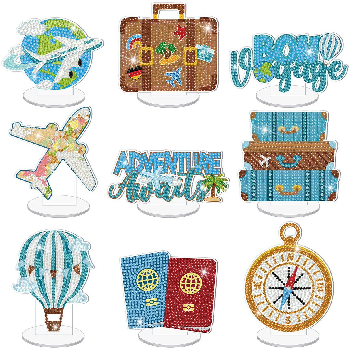 Kosiz 9 Pcs Travel Diamond Art Tabletop Decorations Adventure Awaits Diamond Painting Kits for Adults Double Sided Acrylic Travel Bon Voyage Centerpieces for Table Desktop DIY Crafts Home Party Gifts Kosiz