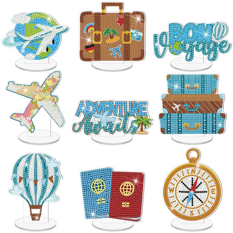 Kosiz 9 Pcs Travel Diamond Art Tabletop Decorations Adventure Awaits Diamond Painting Kits for Adults Double Sided Acrylic Travel Bon Voyage Centerpieces for Table Desktop DIY Crafts Home Party Gifts Kosiz