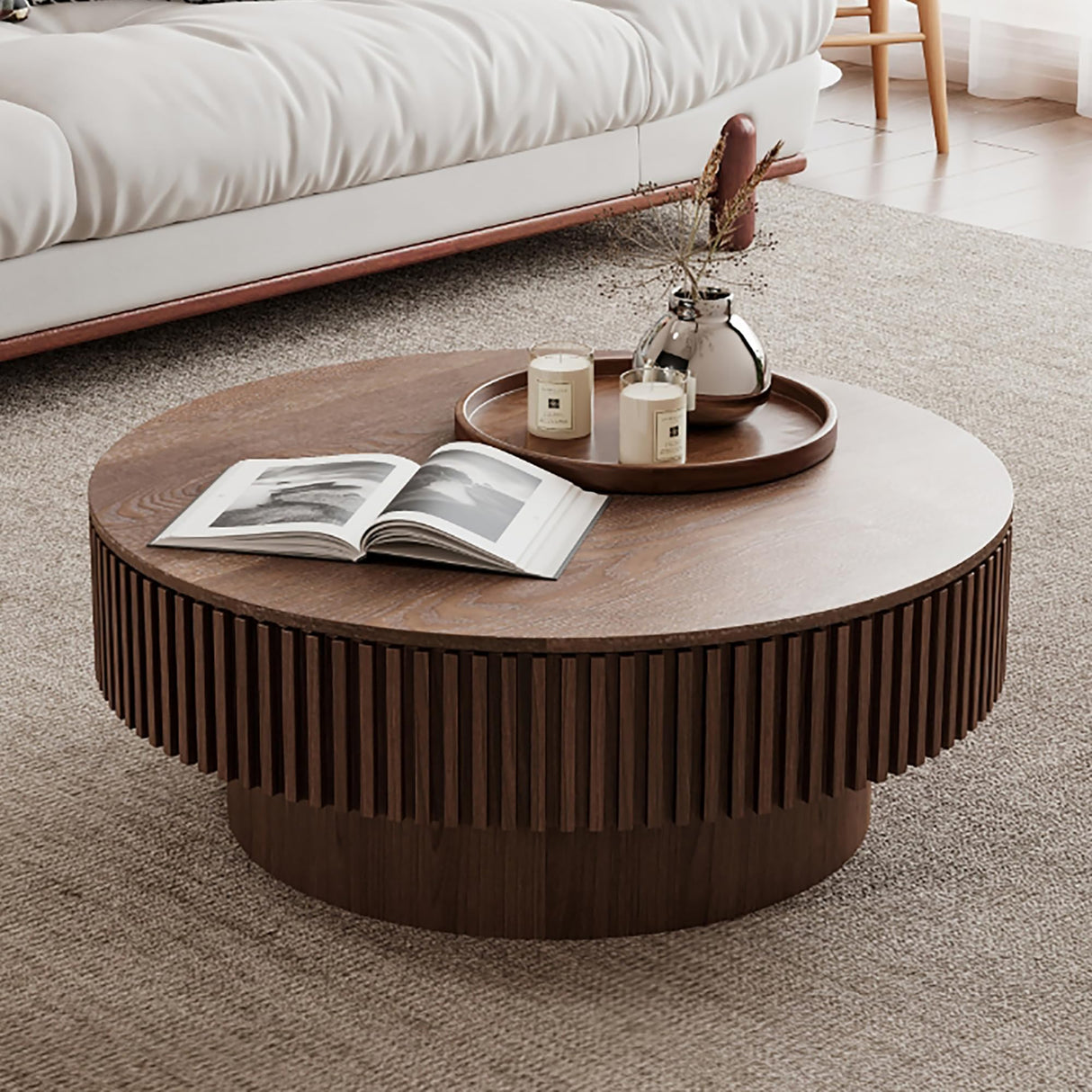 BSYEIO 31.5'' Round Coffee Table with Storage, Modern Luxury Circle Drum Center Tables with Solid Wood Veneered, Accent Side Coffee Table for Living Room, Bedroom, Apartment-Walnut BSYEIO