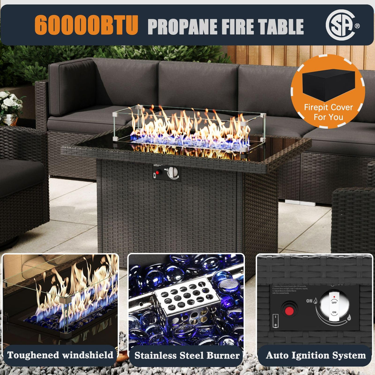 KHOLH Patio Furniture Set with Fire Pit Table, 9 Pieces Outdoor All-Weather Wicker Conversation Sectional Chair Sofa Set with 2 Swivel Chairs KHOLH