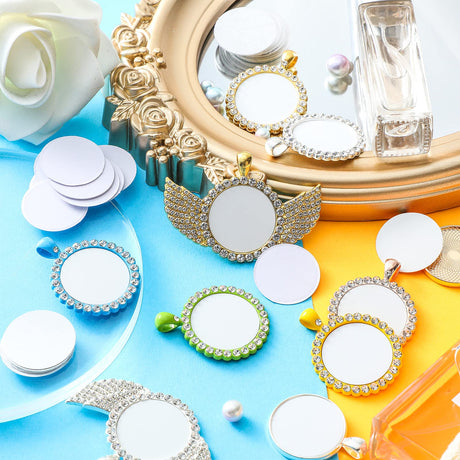 Sublimation Blank Aluminum Stickers Set Round Blank Bezel Pendant Tray Aluminum Sheet, Includes Sublimation Blank Discs and Double Side Tapes for Personalized Photo Jewelry Making DIY (100 Pieces) Ferraycle