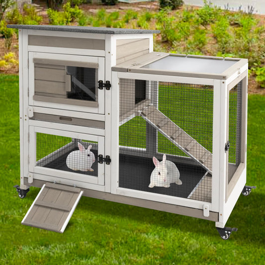 Gowoodhut 40"L Rabbit Hutch Indoor Wooden Large Bunny Hutch Outdoor 2 Story Rabbit Cage on 4 Metal Wheels with Run and 2 Deeper Pull Out Trays UV Panel Guinea Pig Pet House for Small to Mediu - WoodArtSupply