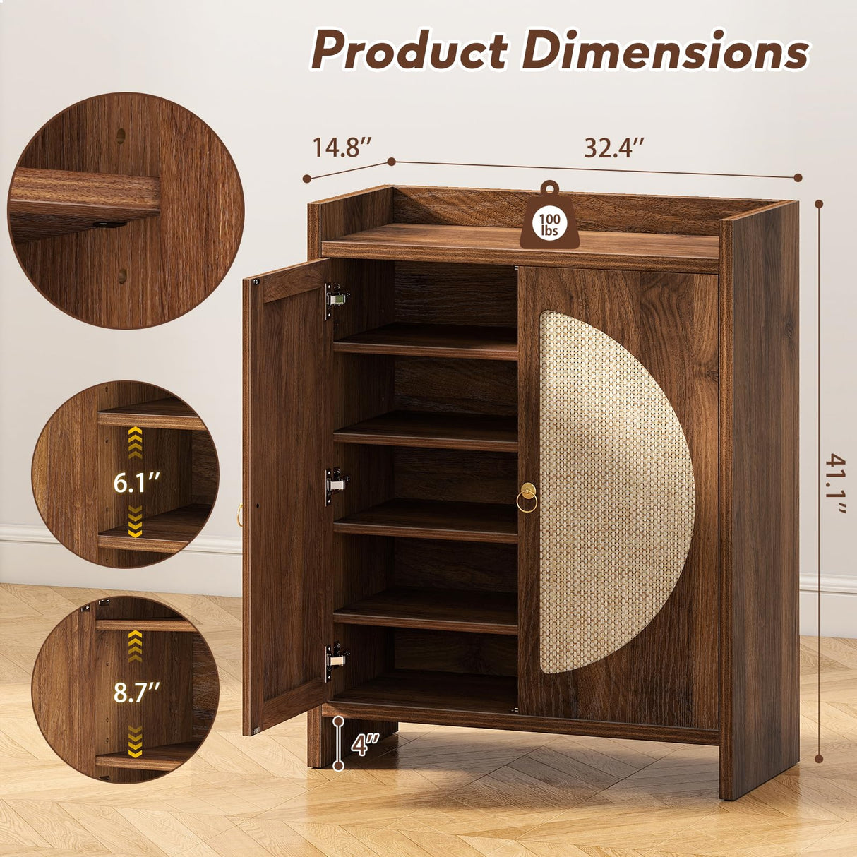 Curlaky Shoe Cabinet Storage for Entryway - Rattan Entry Way Shoe Storage Cabinet with Adjustable Shelves, Wood Shoe Organizer Cabinet, Accent Cabinet with Doors for Entrance Hallway Living Room Foyer Curlaky