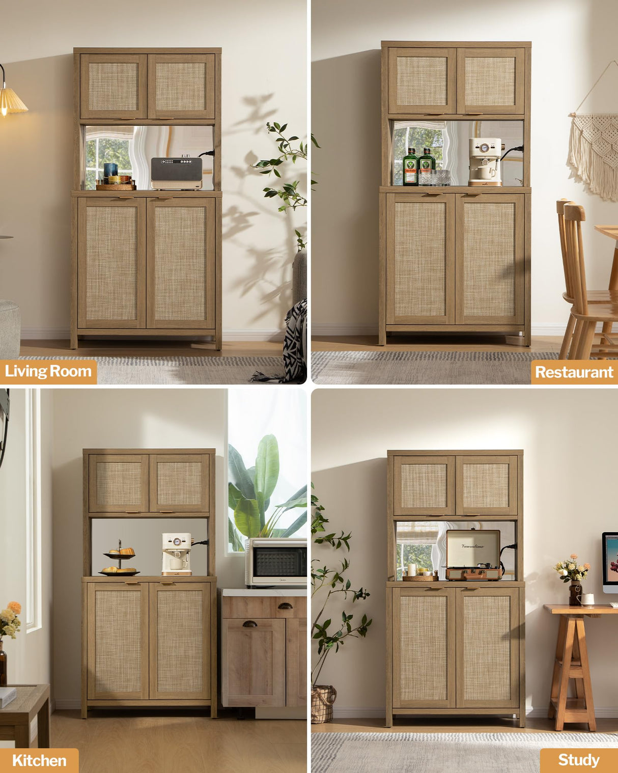 SICOTAS Rattan Pantry Kitchen Storage Cabinet: Tall Pantry Cabinet with Rattan Door, Steel Mirror, Power Outlet, Boho Large Freestanding Cupboard Wood Cabinet for Kitchen, Dining Room, Natural Oak SICOTAS