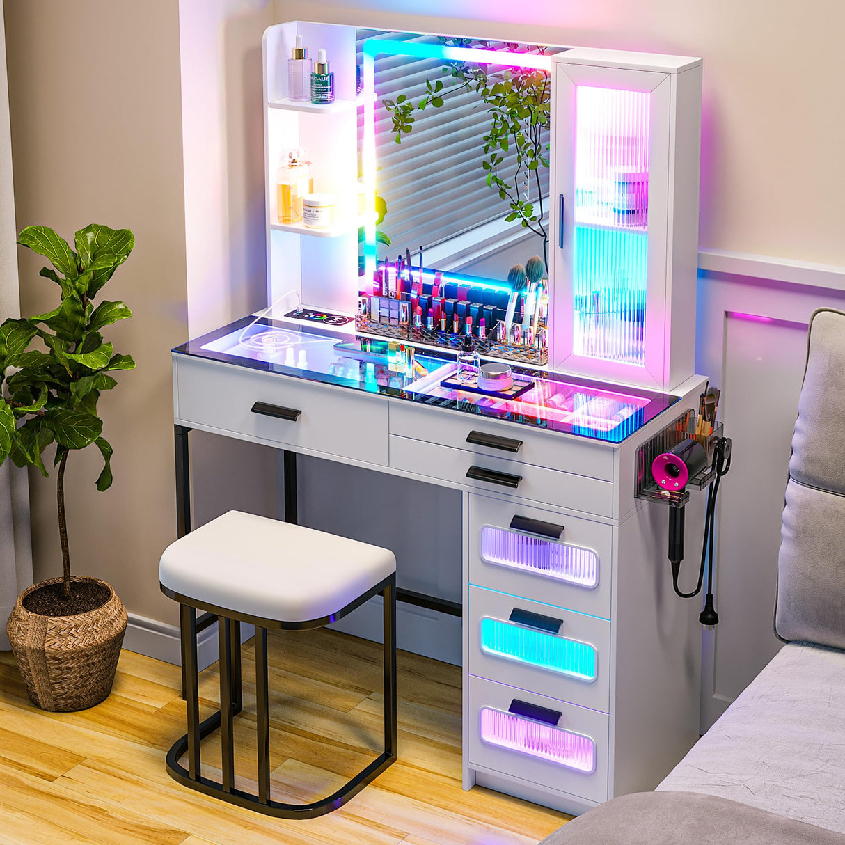 HENBC Vanity with Mirror and LED Lights, Glass Top Vanity Desk with Charging Station(Wireless+USB+Type-C), RGB Makeup Table Set with Stool/Makeup Organizer/6 Drawers (White) HNEBC
