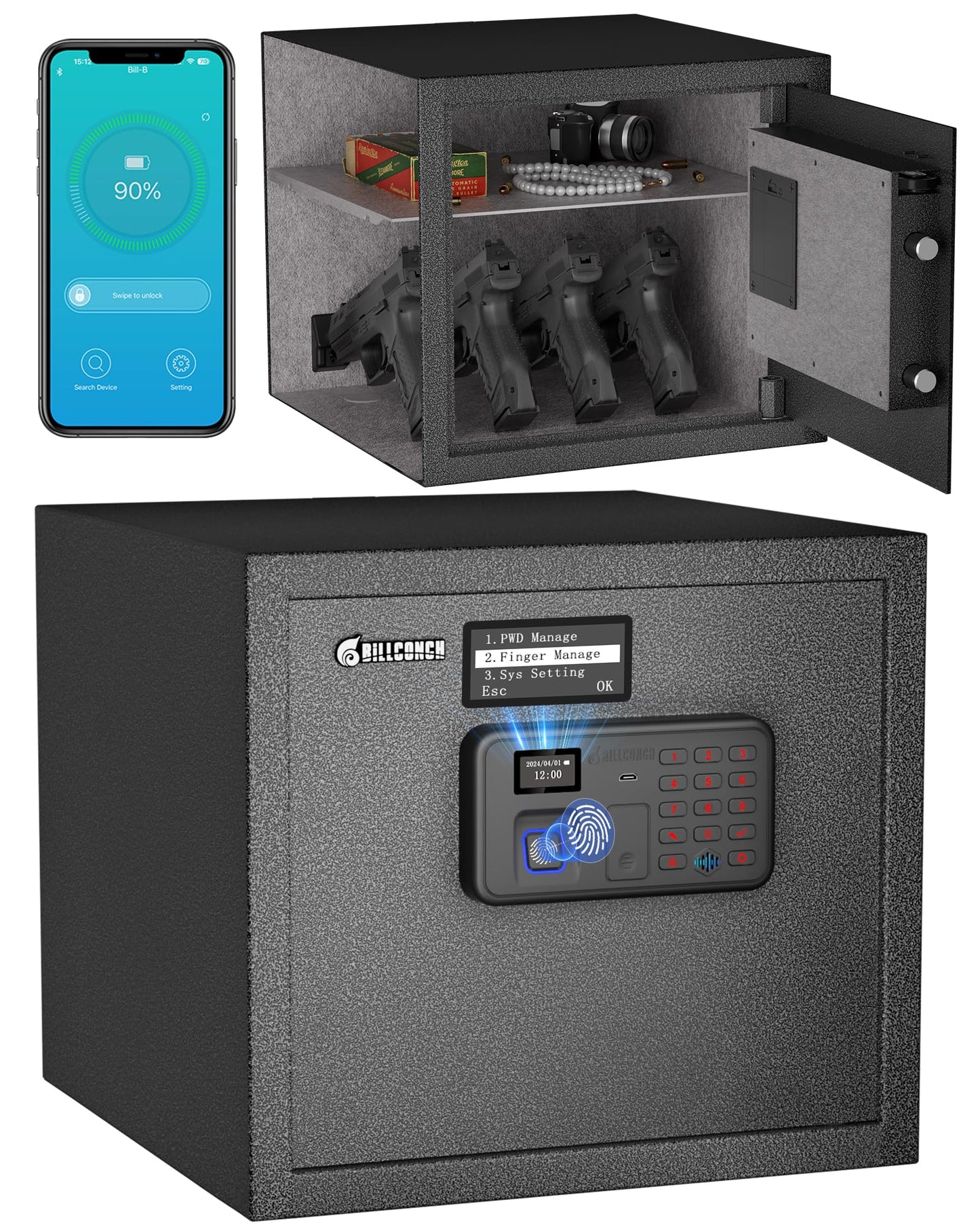 Billconch Smart Gun Safe for Multiple Pistols - Automatic Lock Safe Box with LCD Display/Voice Guide, Quick Access Unlock with Fingerprint/Keypad/Key/App, Biometric Handgun Safe for Money Val - WoodArtSupply