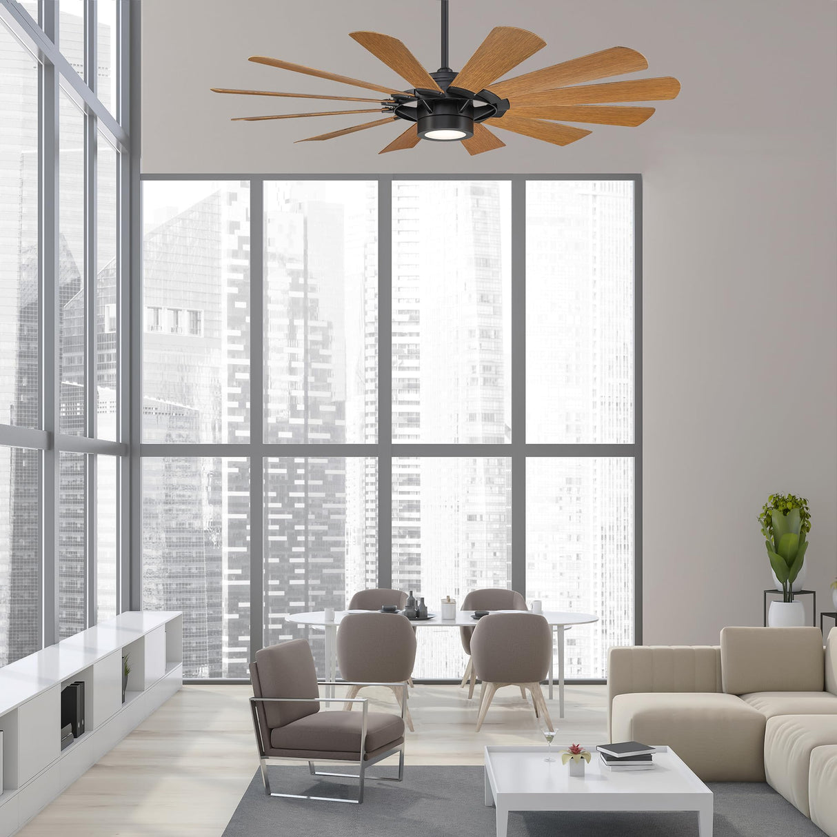 Windmill Indoor and Outdoor 12-Blade Smart Home Ceiling Fan 65in Matte Black Distressed Koa with 3000K LED Light Kit and Remote Control works with Alexa and iOS or Android App WAC Lighting