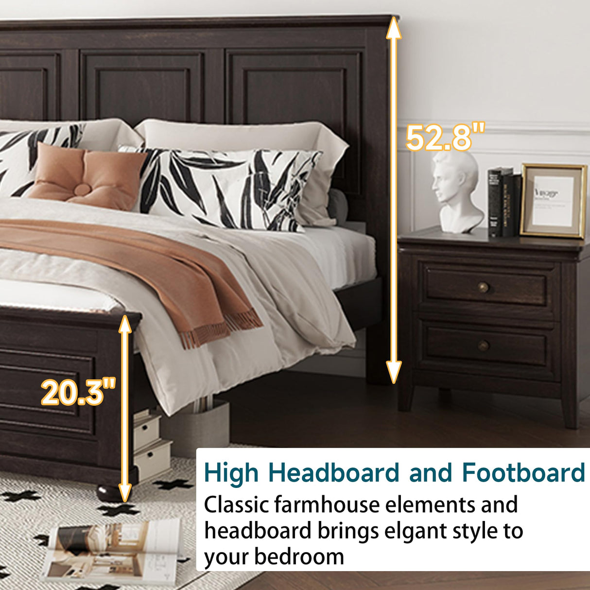 Mirightone Farmhouse King Bed Frame with Tall Headboard, Wood Platform Bed and Footboard, Mid-Centery Rustic King Panel Beds with Slats Support, No Box Spring Needed, Rustic Brown Mirightone